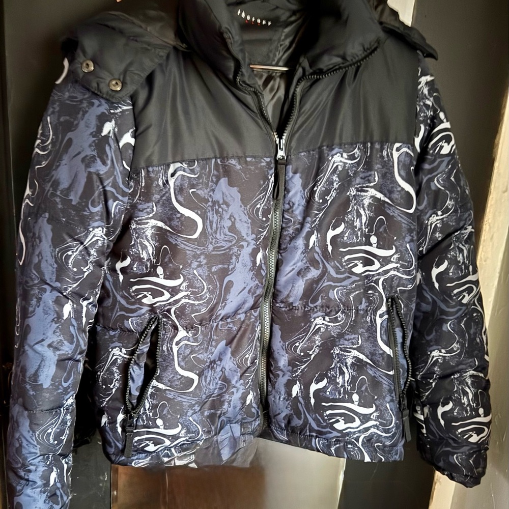 Therapy Black and Blue Patterned Puffer Jacket
